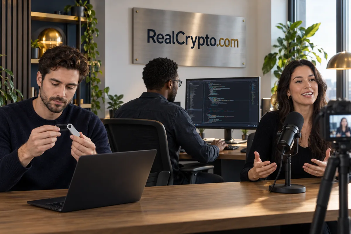 A team reviewing work in a RealCrypto.com office