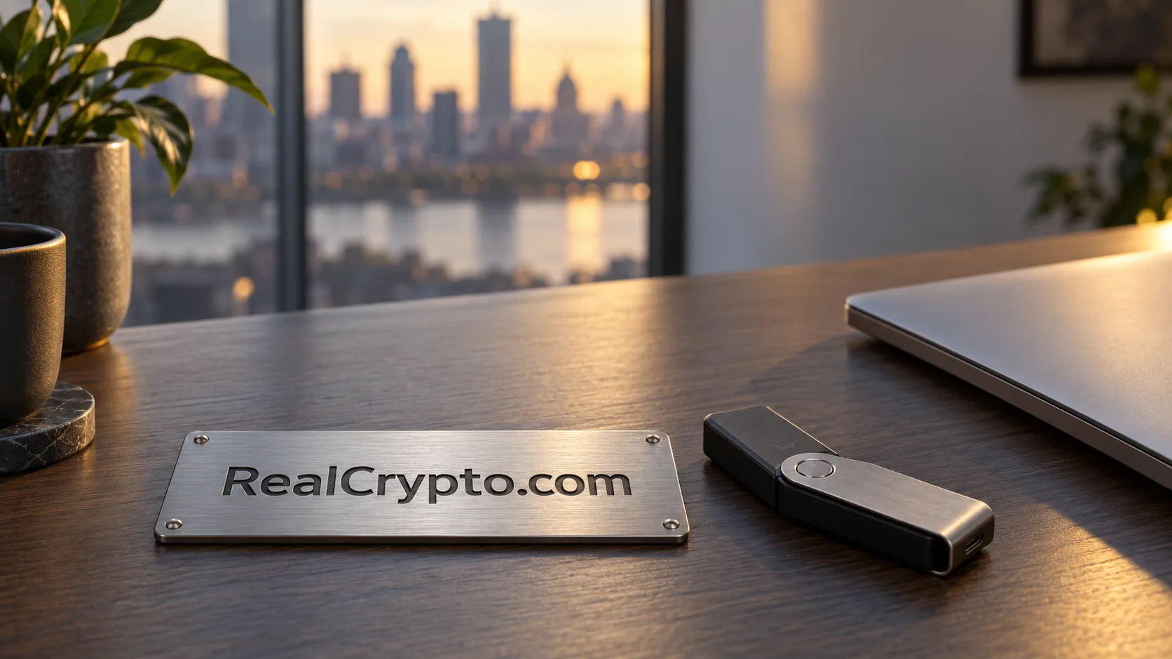 Engraved RealCrypto.com steel plate beside a hardware wallet on a desk at dusk